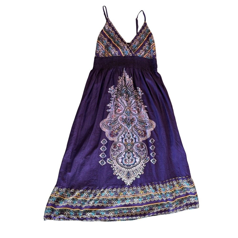 Fun & Flirt Purple Paisley Cotton Maxi Dress Smocked Waist Womens XL Boho V-Neck